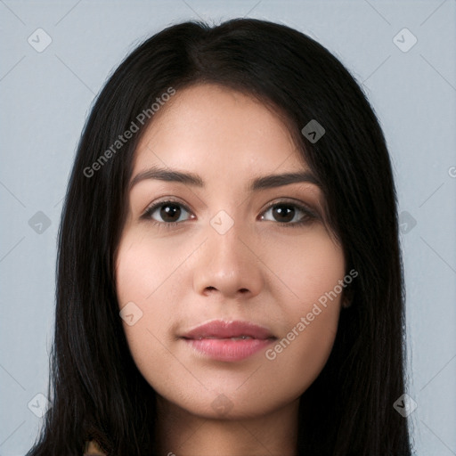 Neutral white young-adult female with long  black hair and brown eyes