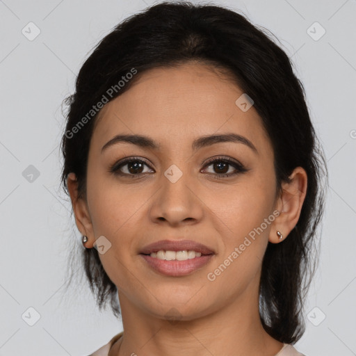 Joyful latino young-adult female with medium  brown hair and brown eyes