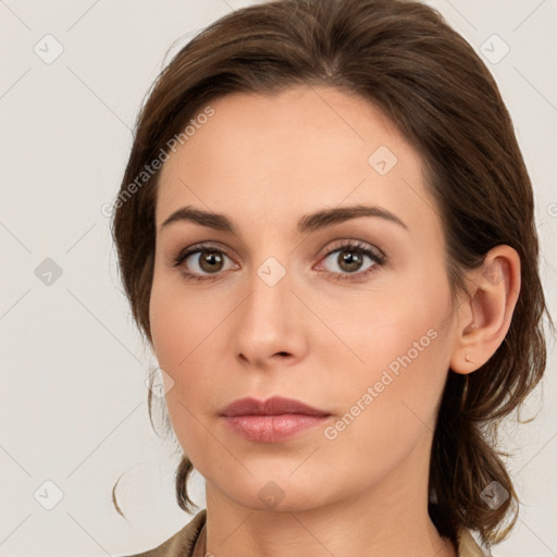 Neutral white young-adult female with medium  brown hair and brown eyes