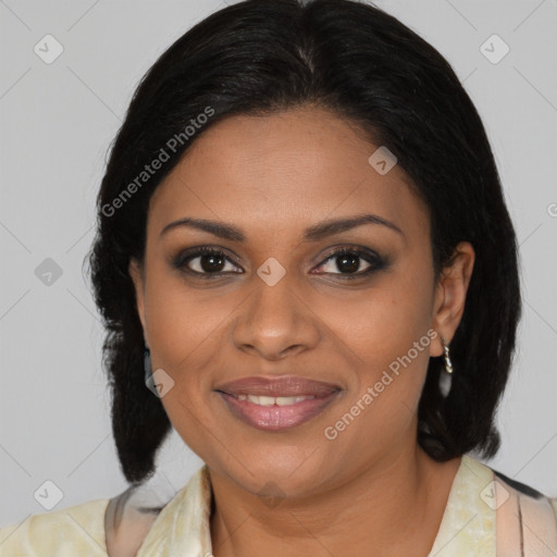 Joyful black young-adult female with medium  brown hair and brown eyes