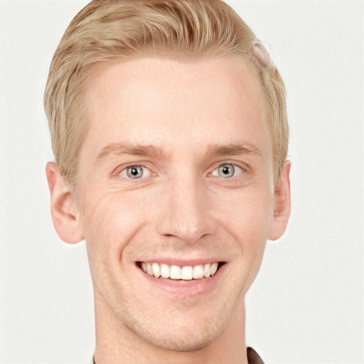 Joyful white adult male with short  brown hair and grey eyes