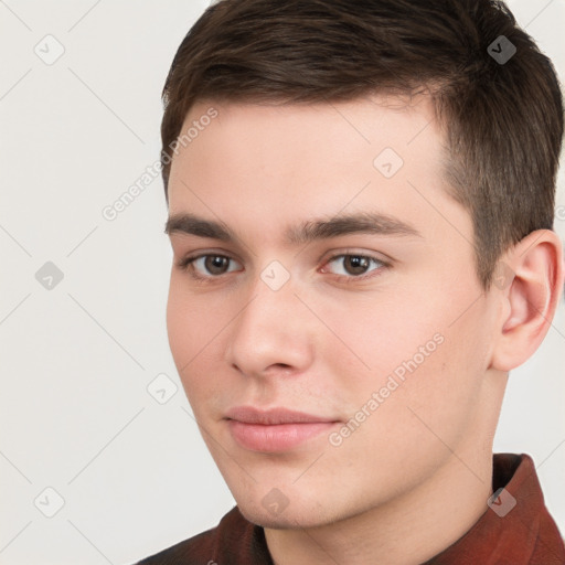 Neutral white young-adult male with short  brown hair and brown eyes