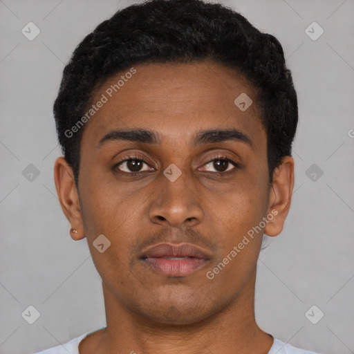 Neutral black young-adult male with short  black hair and brown eyes