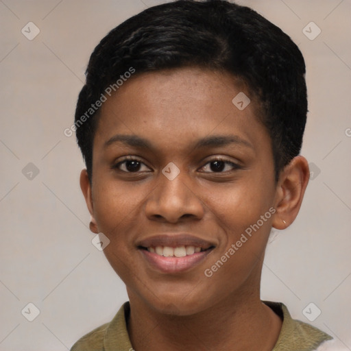 Joyful latino young-adult female with short  black hair and brown eyes