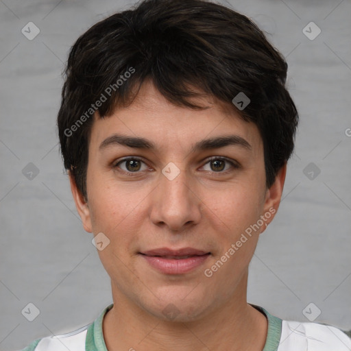 Joyful white young-adult female with short  brown hair and brown eyes