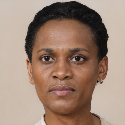 Neutral black adult female with short  black hair and brown eyes