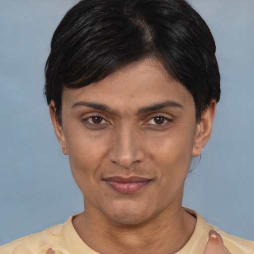 Joyful white young-adult female with short  black hair and brown eyes