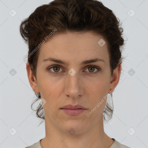 Neutral white young-adult female with short  brown hair and brown eyes