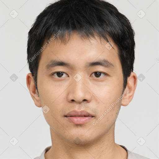 Neutral asian young-adult male with short  black hair and brown eyes