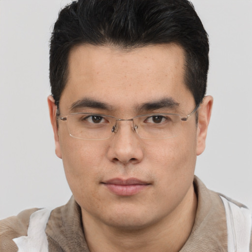 Neutral asian young-adult male with short  brown hair and brown eyes