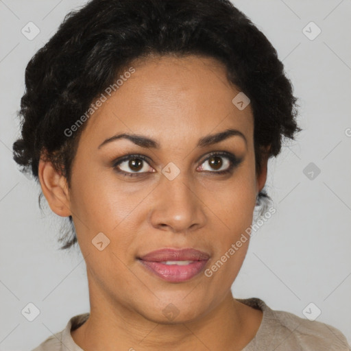 Joyful latino young-adult female with short  brown hair and brown eyes