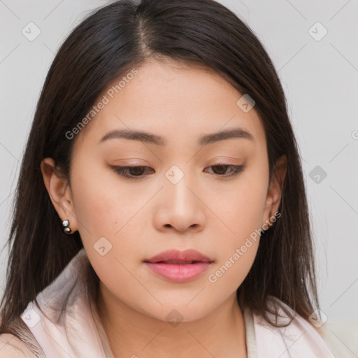 Neutral white young-adult female with medium  brown hair and brown eyes