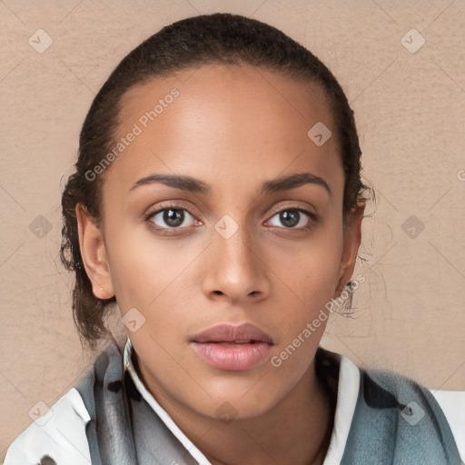 Neutral white young-adult female with short  brown hair and brown eyes