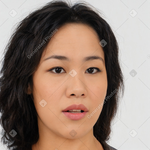 Neutral asian young-adult female with medium  brown hair and brown eyes