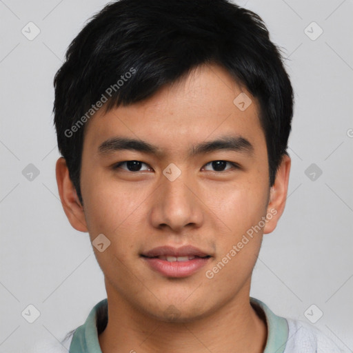 Neutral asian young-adult male with short  black hair and brown eyes