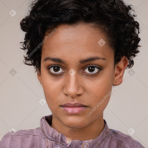 Neutral white young-adult female with short  brown hair and brown eyes