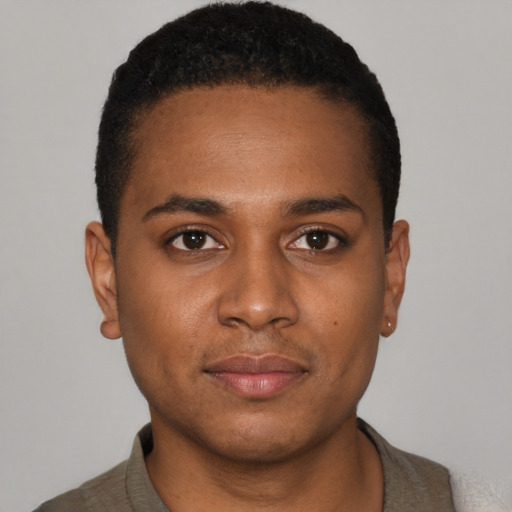 Neutral black young-adult male with short  black hair and brown eyes