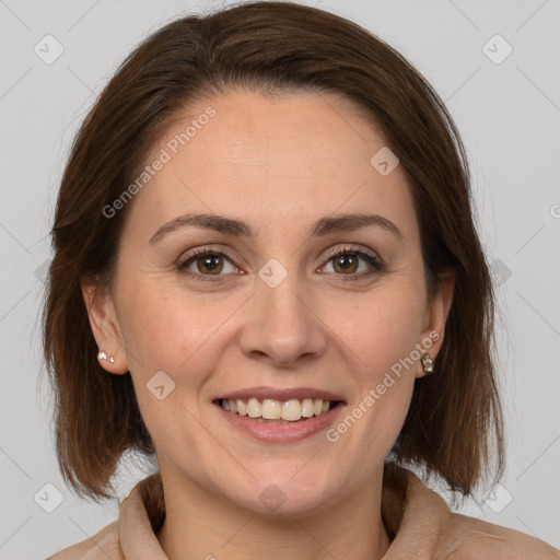 Joyful white adult female with medium  brown hair and brown eyes