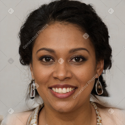 Joyful black young-adult female with long  brown hair and brown eyes