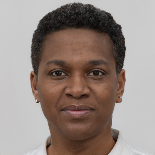 Joyful black young-adult male with short  brown hair and brown eyes