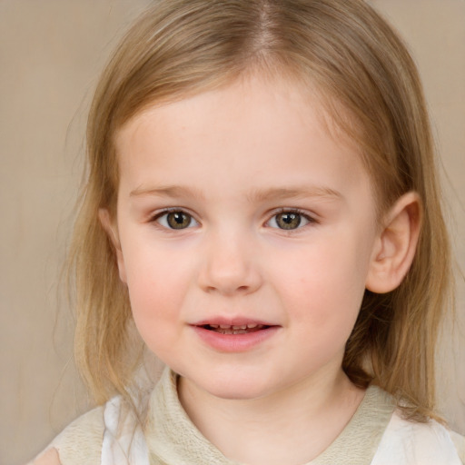 Joyful white child female with medium  brown hair and blue eyes