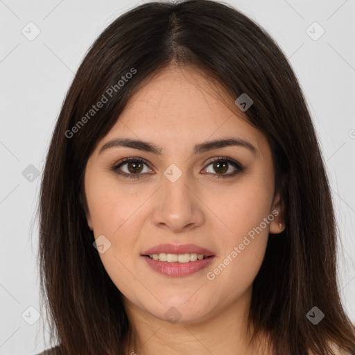 Joyful white young-adult female with long  brown hair and brown eyes