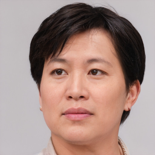 Joyful asian adult female with short  brown hair and brown eyes