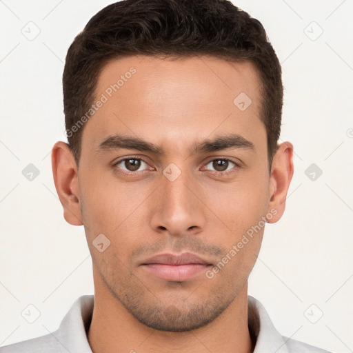 Neutral white young-adult male with short  brown hair and brown eyes