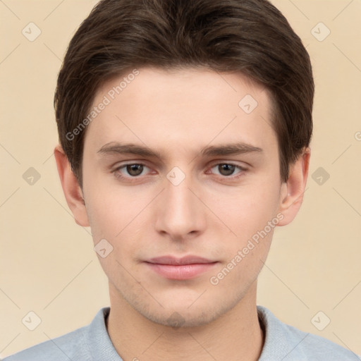 Neutral white young-adult male with short  brown hair and brown eyes