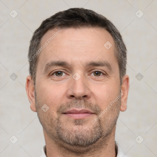 Neutral white adult male with short  brown hair and brown eyes