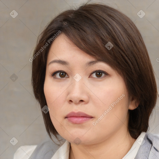 Neutral white young-adult female with medium  brown hair and brown eyes