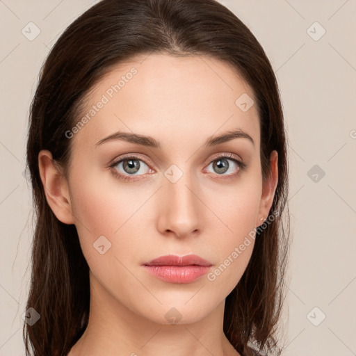 Neutral white young-adult female with long  brown hair and grey eyes