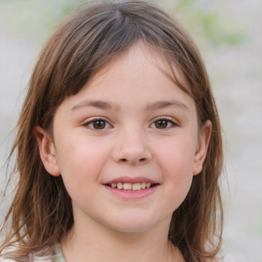 Joyful white child female with medium  brown hair and brown eyes