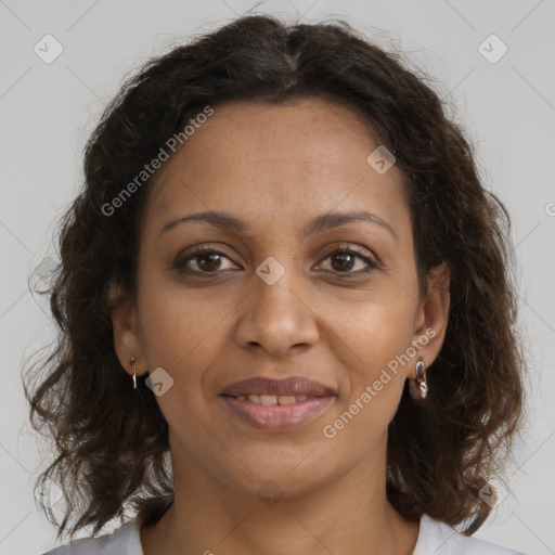 Joyful black young-adult female with medium  brown hair and brown eyes