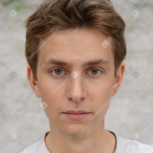 Neutral white young-adult male with short  brown hair and grey eyes