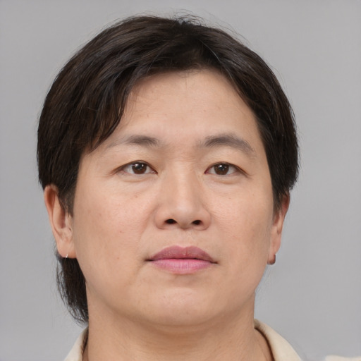 Neutral asian adult male with short  brown hair and brown eyes