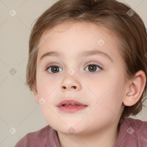 Joyful white child female with medium  brown hair and brown eyes