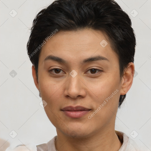 Joyful latino young-adult female with short  brown hair and brown eyes