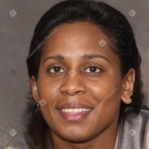 Joyful black young-adult female with medium  brown hair and brown eyes