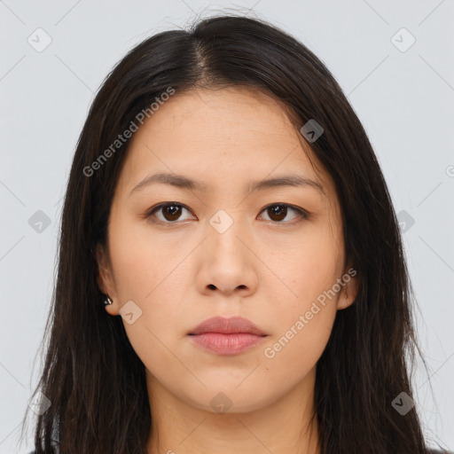 Neutral asian young-adult female with long  brown hair and brown eyes