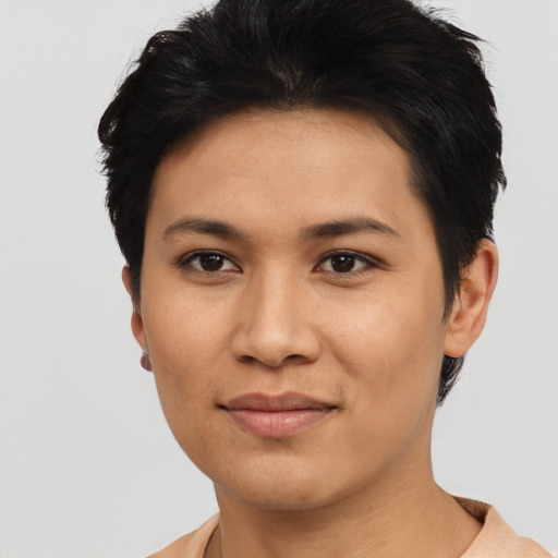Joyful asian young-adult female with short  black hair and brown eyes