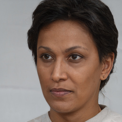 Neutral latino adult female with short  brown hair and brown eyes