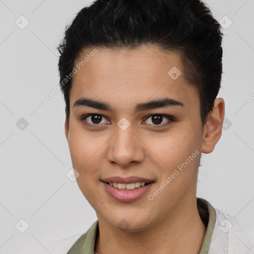 Joyful latino young-adult female with short  brown hair and brown eyes