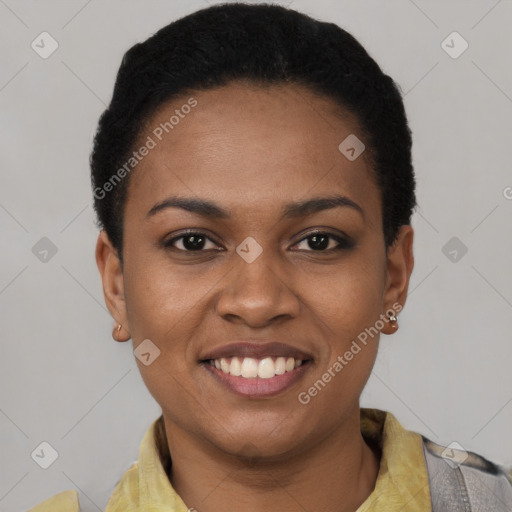 Joyful latino young-adult female with short  black hair and brown eyes