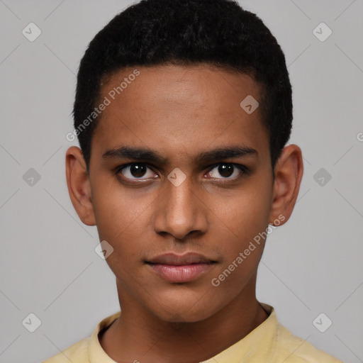 Neutral latino young-adult male with short  brown hair and brown eyes