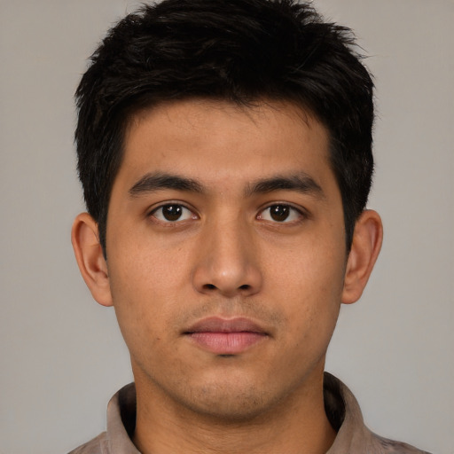 Neutral asian young-adult male with short  brown hair and brown eyes