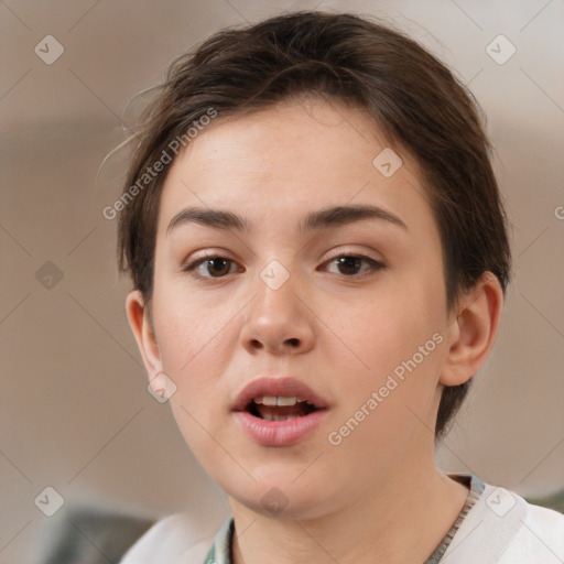 Neutral white young-adult female with short  brown hair and brown eyes