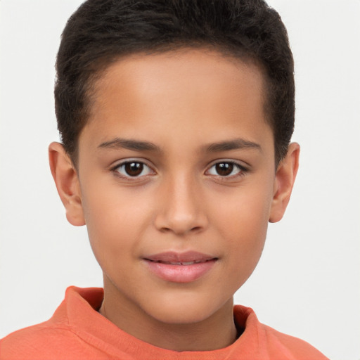 Joyful white child female with short  brown hair and brown eyes