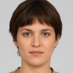 Neutral white young-adult female with short  brown hair and brown eyes