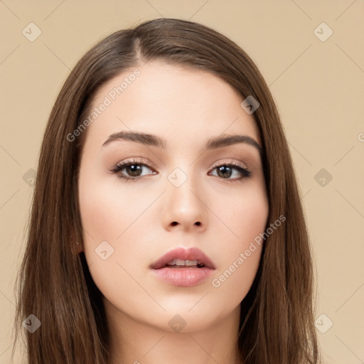 Neutral white young-adult female with long  brown hair and brown eyes